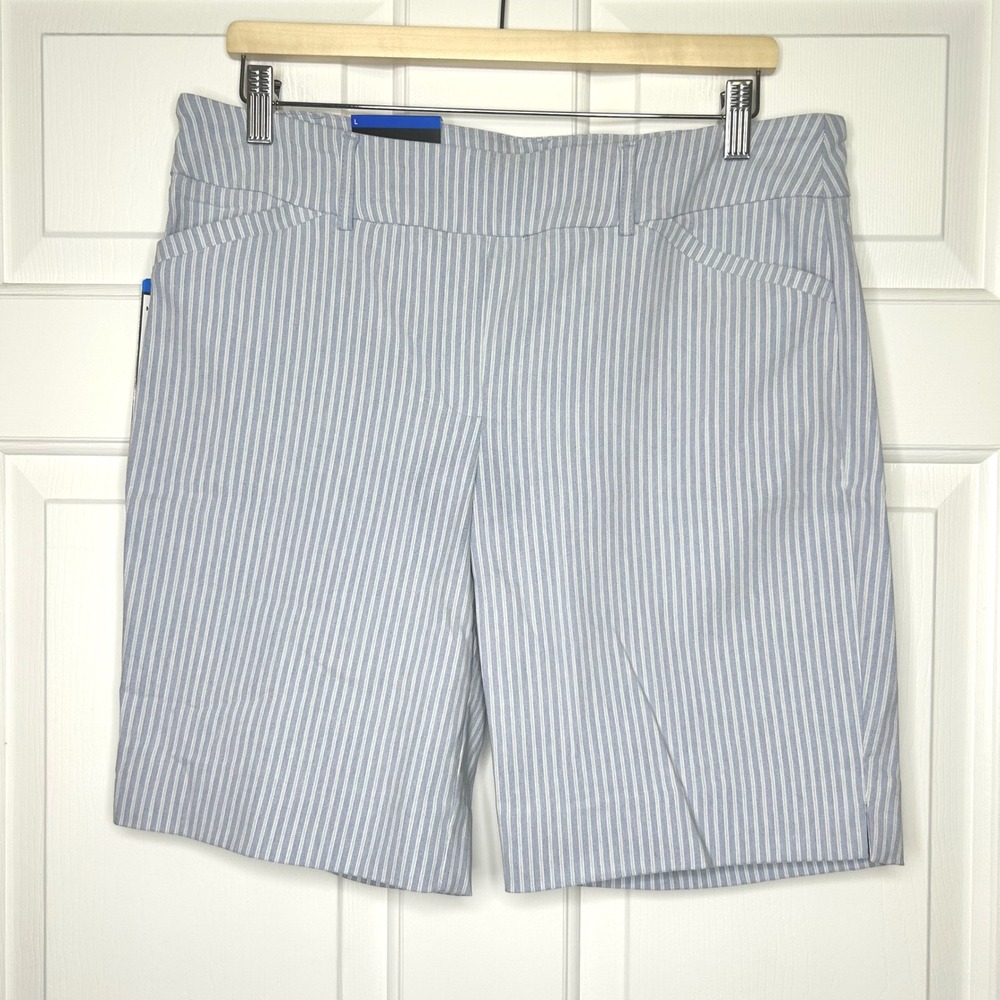 Hilary Radley NWT‎ Bermuda Shorts Blue Striped Pockets Stretch Casual Size L